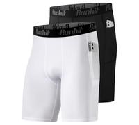 Runhit 1 or 2 Pack Mens Compression Shorts with Phone Pockets, Anti Chafing Underwear Quick Dry Spandex Base Layer Shorts Moisture Wicking Tights for Running Cycling Gym Sport Black/White S