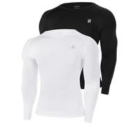 Runhit 2 Pack Mens Long Sleeve Compression Top, Crew Neck Sports Base Layer Shirts UPF 50+ UV, Quick Dry Men's Undershirt for Motorcycle Rugby, Black+White S