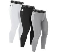 Runhit 3 Pack Men's Compression Pants with Pockets, Running Leggings Sports Tights, Quick-Dry Base Layer Trousers for Gym Workout Rugby, Light Gray Black White S