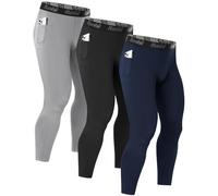 Runhit 3 Pack Mens Running Leggings with Pockets, Gym Compression Pants Athletic Tights, Thermal Base Layer Trousers for Cycling Football Jogging Golf, Navy Blue Black Light Gray S