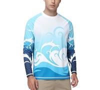 Runhit Men’s Rash Vest Long Sleeve, UPF 50+ Quick Dry Swimming T-Shirt, Breathable Lightweight UV Sun Protection SPF Swim Top for Running Fishing & Outdoor, Blue Wave Gradient 4XL