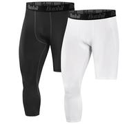 Runhit Men's 3/4 One Leg Compression Tights Single Leg Basketball Compression Pants Leggings Base Layer for Athletic, Black + White (Left Short), Large