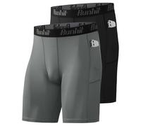 Runhit Mens Compression Shorts, 1 or 2 Pack Moisture Wicking Underwear Anti Chafing Underwear Base Layer Shorts Quick Dry Spandex Sport Tights with Pockets for Cycling Running Gym Black/Grey S