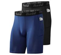 Runhit Mens Compression Shorts, 1 or 2 Packs Anti Chafing Moisture Wicking Underwear Quick Dry Spandex Fabric Base Layer Shorts Sport Undershorts with Pockets for Cycling Running Gym Black/Navy S