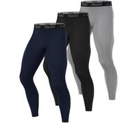 Runhit Men's Compression Trousers, 3 Pack Running Tights Leggings, Cool Dry Workout Base Layer Pants for Sports, Jogging, Basketball Navy Blue, Black, Light Gray S