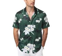 Runhit Mens Hawaiian Shirts Short Sleeve, Lightweight Summer Holiday Shirts Breathable Quick Dry Beach Top for Outdoor Travel Casual Wear with Tropical Floral Palms Print, Plumeria Dark Green XXL