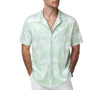 Runhit Mens Hawaiian Shirts Short Sleeve, Lightweight Summer Holiday Shirts Breathable Quick Dry Beach Top for Outdoor Travel Casual Wear with Tropical Floral Palms Print Light Green M