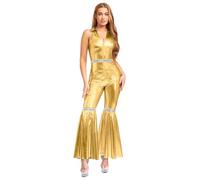 Runhomal 70s Outfit for Womens Sequins Shiny Bell Bottom Jumpsuit Disco Dance Halloween 80s Costumes Gold M