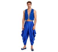 Runhomal Adult Men's Arabian Prince Costume Persian Ara Genius Cos Role Play Outfits For Halloween Dress-up Royal Blue L