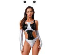 Runhomal Adult Womens Alien Costume Metallic Shiny Space Bodysuit Cosplay Robots Leotard Outfits Black S