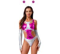 Runhomal Adult Womens Alien Costume Metallic Shiny Space Bodysuit Cosplay Robots Leotard Outfits Hot Pink 3XL