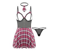 Runhomal Adult Womens Sexy 3 Pcs Lingerie Set Schoolgirl Plaid Dress with Thong and Neckite Halloween Dress Up Plaid M