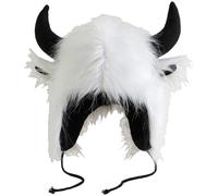 Runhomal Faux Fur Trooper Hat for Women Men Furry Buffalo Hat with Horns Winter Trooper Hats Devil Cow Horns Cap White One Size