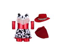 Runhomal Girls Halloween Western Cowgirl Outfits Tassel Metallic Gloss Bodysuit with Arm Sleeve and Hat Bandanna Red 11-12 Years