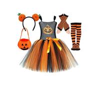 Runhomal Girls Kids 5Pcs Shoulder Straps Puffy Tulle Dress Halloween Pumpkin Princess Dress with Accessories Orange Black 2-3 Years
