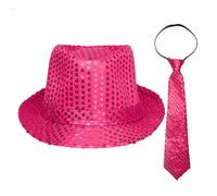 Runhomal Jazz Dance Hat Sequin Fedora Hat With Pre-tie Necktie Halloween Cosplay Costume Accessories Stage Performance Clubwear Hot Pink S