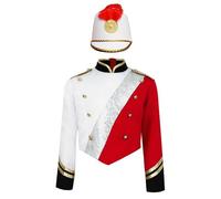 Runhomal Kids Boys Halloween Marching Band Outfits Long Sleeve Royal Guard Jacket Coat with Drummer Knight Hat Red White 13-14 Years