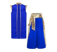 Runhomal Kids Boys Halloween Party Dress Up Arab Prince Sleeveless Open Front Gold Trim Vest with Harem Pants Royal Blue 15-16 Years