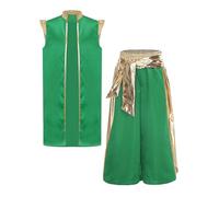 Runhomal Kids Boys Halloween Party Dress Up Arab Prince Sleeveless Open Front Gold Trim Vest with Harem Pants Green 13-14 Years