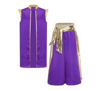 Runhomal Kids Boys Halloween Party Dress Up Arab Prince Sleeveless Open Front Gold Trim Vest with Harem Pants Purple 13-14 Years