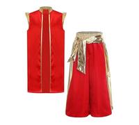 Runhomal Kids Boys Halloween Party Dress Up Arab Prince Sleeveless Open Front Gold Trim Vest with Harem Pants Burgundy 11-12 Years