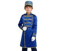 Runhomal Kids Boys Royal Drummer Marching Band Costume Royal Guard Outfits Long Jacket with Solider Hat Gloves Blue 15-16 Years