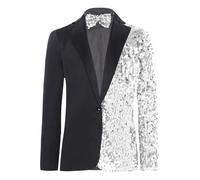 Runhomal Kids Boys Sparkly Sequin Tuxedo Dress Outfit One Button Lapel Blazer Suit Jacket with Bow Tie Silver 11-12 Years