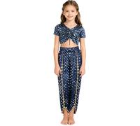 Runhomal Kids Girls 2Pcs Metallic Floral Print Crop Top with Bloomers Indian Praise Dance Costume Fancy Dress Navy Blue 15-16 Years