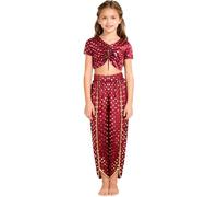 Runhomal Kids Girls 2Pcs Metallic Floral Print Crop Top with Bloomers Indian Praise Dance Costume Fancy Dress Burgundy 9-10 Years