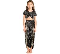 Runhomal Kids Girls 2Pcs Metallic Floral Print Crop Top with Bloomers Indian Praise Dance Costume Fancy Dress Black 9-10 Years
