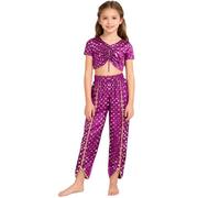 Runhomal Kids Girls 2Pcs Metallic Floral Print Crop Top with Bloomers Indian Praise Dance Costume Fancy Dress Purple 9-10 Years