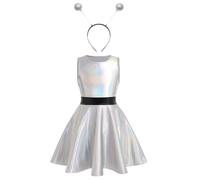 Runhomal Kids Girls 2Pcs Outer Space Astronauts Dress Shiny Metallic Alien Solid Color Dress with Hair Hoop Outfits Silver 3-4 Years