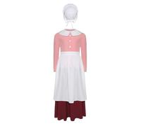 Runhomal Kids Girls 4Pcs Pilgrim Maid Shirt with A-line Skirt and Peasant Apron Halloween Dress Up Prairie Outfits Pink 7-8 Years
