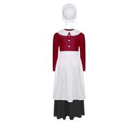 Runhomal Kids Girls 4Pcs Pilgrim Maid Shirt with A-line Skirt and Peasant Apron Halloween Dress Up Prairie Outfits Burgundy 7-8 Years