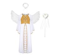 Runhomal Kids Girls Halloween Angel Dress Toga Gown Praise Dance Dress with Headband Fairy Sticks Feather Wings White A 9-10 Years