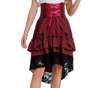 Runhomal Kids Girls Halloween Victorian Gothic Skirt Tiered Ruffle Skirt Medieval Vintage Renaissance Costume Burgundy 11-12 Years