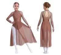 Runhomal Kids Girls Maxi Skirted Leotard Contemporary Jazz Latin Dancing Dress Sheer Mesh Lyrical Dance Costume Dusty Pink 11-12 Years