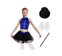 Runhomal Kids Girls Ringmaster Lion Tamer Circus Outfits Halter Top with Tulle Skirt and Magic Wand Hat Gloves Royal Blue 15-16 Years