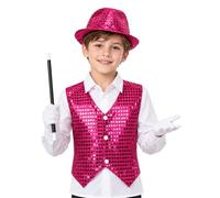 Runhomal Kids Magician Costume Magic Show Dress-up for Boys Rose 5-6 Years | Shiny Ringmaster Costume,Sequins Waistcoat with Hat,Sparkly Sequins,Button Down,5 Pieces Sets,Magic 5 Pcs Outfit
