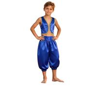 Runhomal Kids Old Arabian Dress-up Boys Street Rats Costume Blue 5-6 Years | Desert Prince,Oriental Stage Wear,Magic Dress-up,Silky Satin,2 Pcs Sets,Harem Pants,Open Front Vest,Eastern Royal Outfit