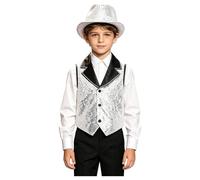 Runhomal Kids Show Outfit Sequin Vest Hat Set for Dance Party Hiphop Performance Gear Asymmetric Apparel Silver 7-8 Years