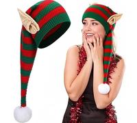 Runhomal Knitted Elf Hats and Ears Warm Winter Knitted Crochet Beanie Long Christmas Santa Hat Elf Costume Accessories Adults Red Green One Size