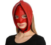 Runhomal Leather Full Face Mask Hood Head Cover With Zipper Headgear Hat Head Hood Back Adjustable Masquerade Red for Women M