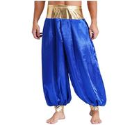 Runhomal Men's Adult Magical Arabian Prince Costume Metallic Shiny Patchwork Satiny Harem Pants Royal Blue 4XL