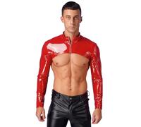 Runhomal Men's Faux Leather Long Sleeves Crop Top Slim Fit Half Shrug Muscle Shirts Clubwear Red L