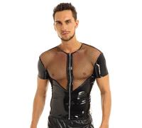 Runhomal Men's Fishnet Leather Wetlook Shirts Short Sleeve Front Zipper Tops Undershirts for Club Party Black XL
