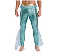 Runhomal Men's Mermaid Pants King of The Seas Costume Metallic Shiny Ruffled Tulle Trims Leggings Mint Green S