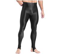 Runhomal Men's Nylon Stirrup Leggings Glossy High Elastic Tights Seamless Compression Workout Pants Black L
