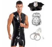 Runhomal Men's Police Officer Cosplay Outfits Jumpsuit Set Adult Halloween Costume Role Play Uniform Black M