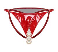 Runhomal Women Low Waist G-string With Pearls Ball Hollowing Out Crotch Faux Leather Wet Look Lingerie Red M